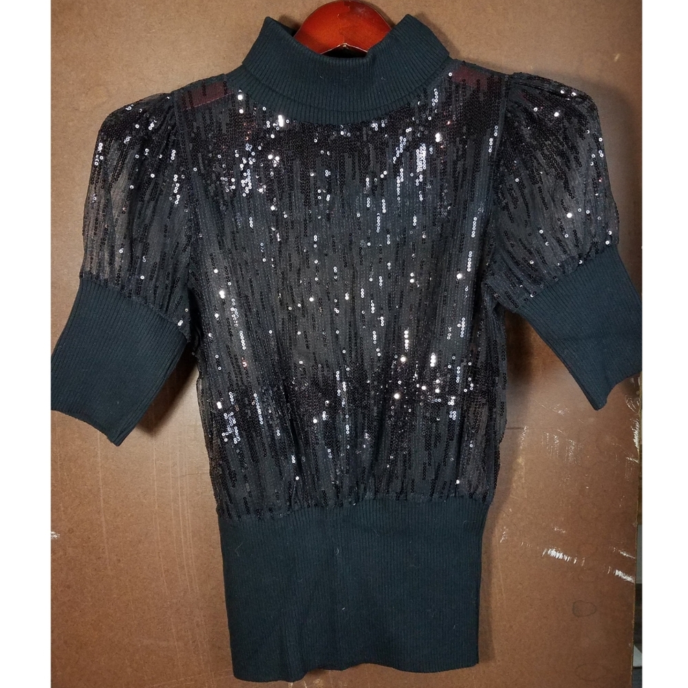 Black Sequin Short Sleeve Turtleneck Top